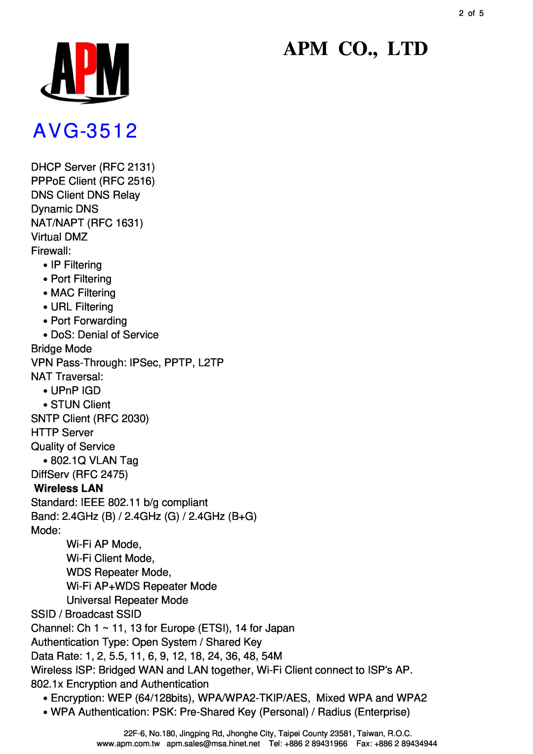 APM AVG-3512 manual Wireless LAN 