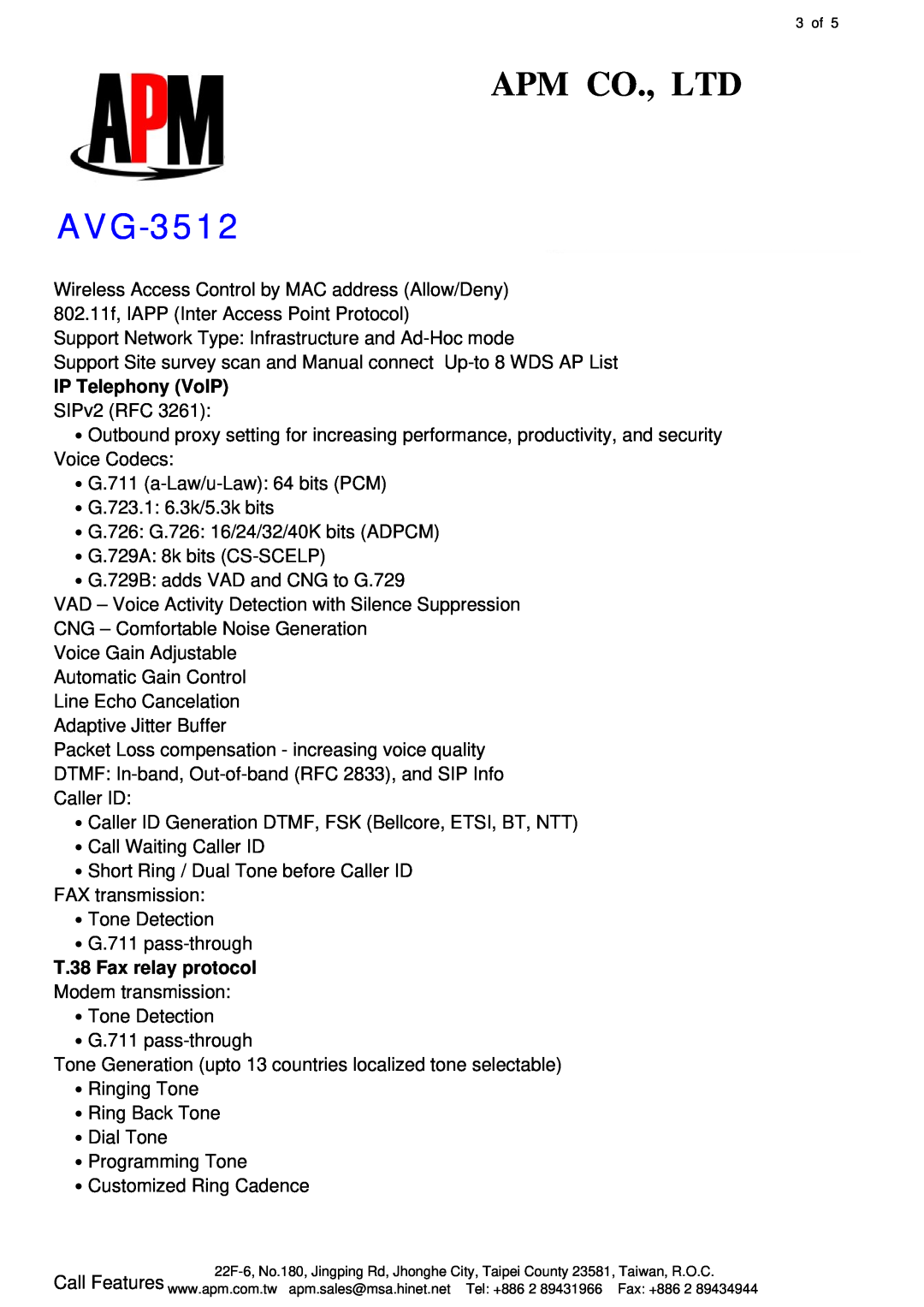 APM AVG-3512 manual IP Telephony VoIP, T.38 Fax relay protocol 