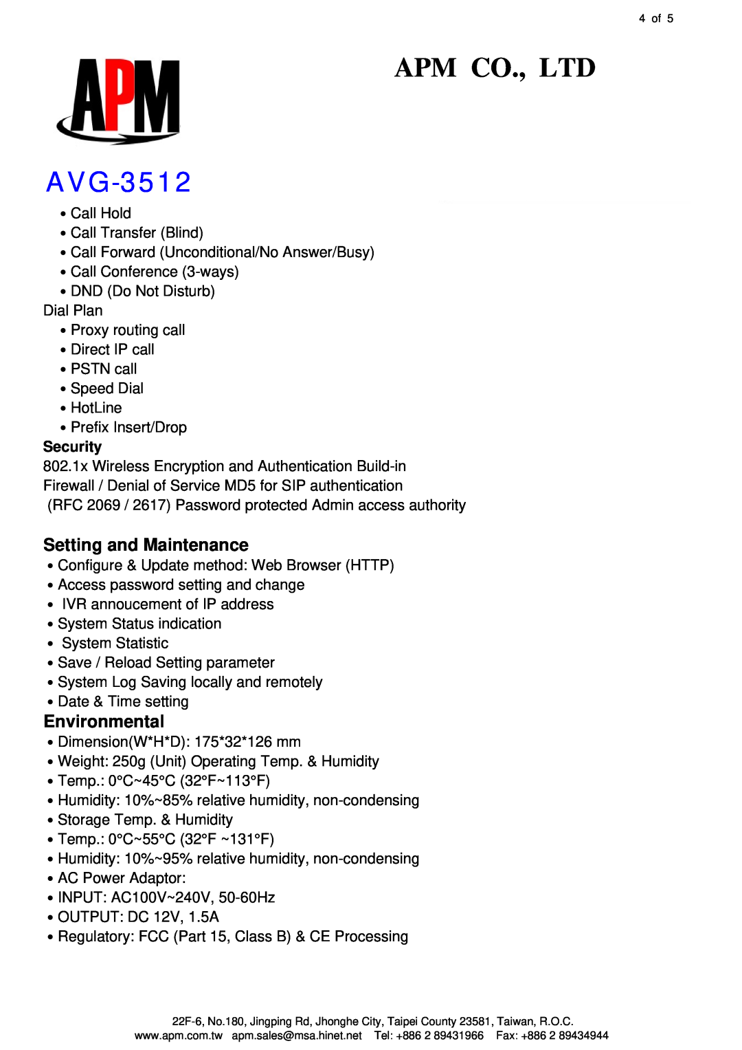 APM AVG-3512 manual Setting and Maintenance, Environmental, Security 