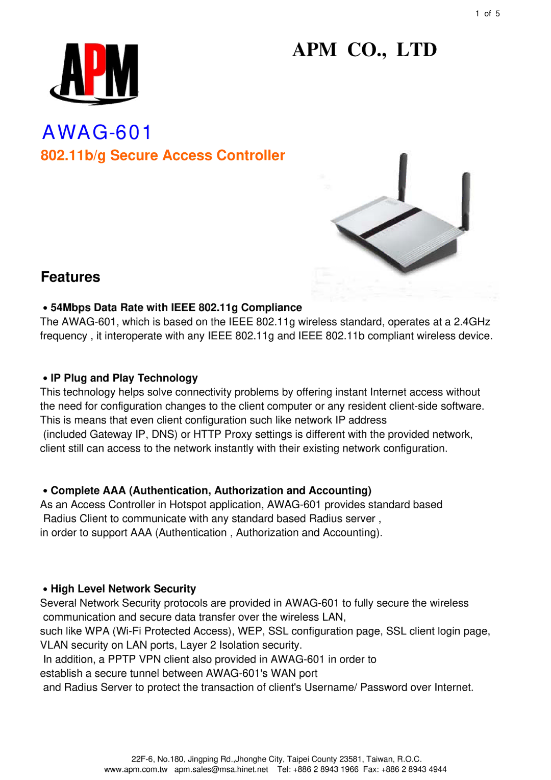 APM AWAG-601 manual ․54Mbps Data Rate with Ieee 802.11g Compliance, ․IP Plug and Play Technology 