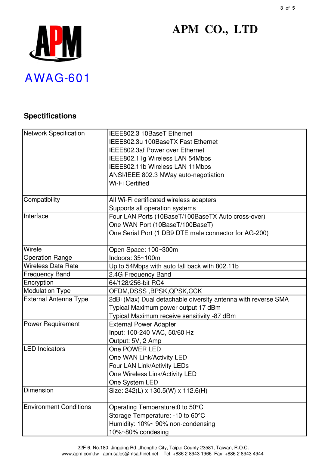 APM AWAG-601 manual Spectifications, Ofdm,Dsss ,Bpsk,Qpsk,Cck 