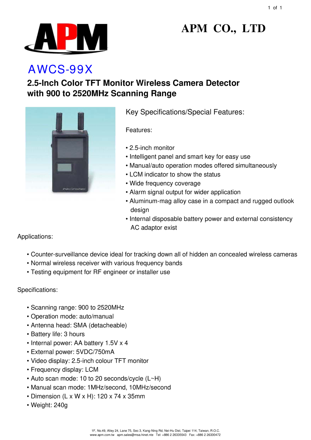 APM AWCS-99X specifications Key Specifications/Special Features 