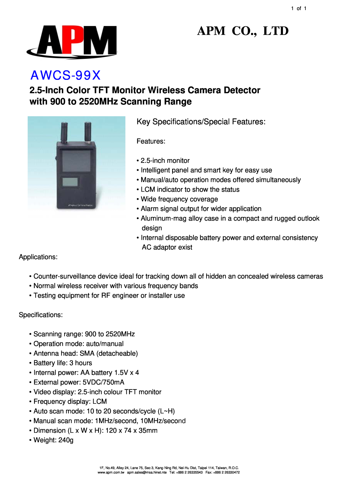 APM AWCS-99X specifications Key Specifications/Special Features 