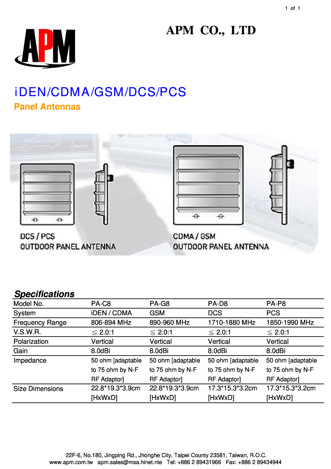 APM PA-G8, PA-P8, PA-D8, PA-C8 specifications iDEN/CDMA/GSM/DCS/PCS, Panel Antennas, Specifications 