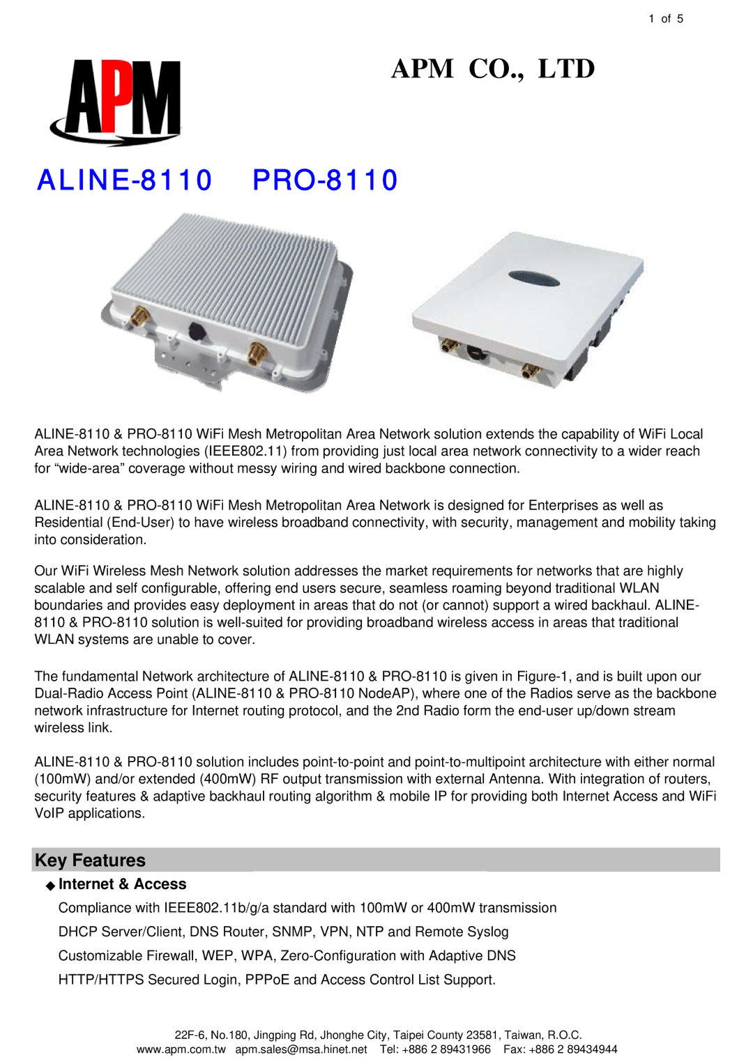 APM ALINE-8110, PRO-8110 manual Key Features, Internet & Access 