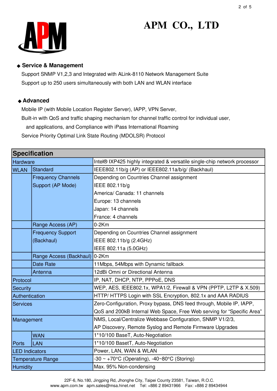 APM PRO-8110, ALINE-8110 manual Specification, Service & Management, Advanced 