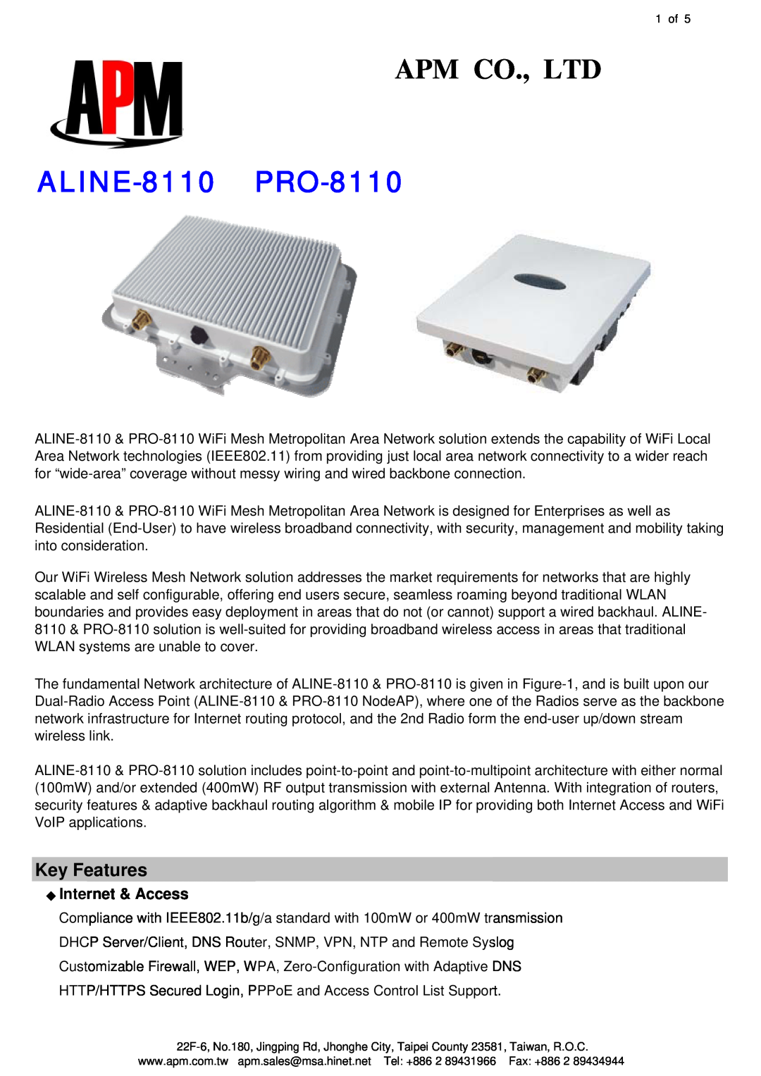 APM manual Key Features, Internet & Access, ALINE-8110 PRO-8110 