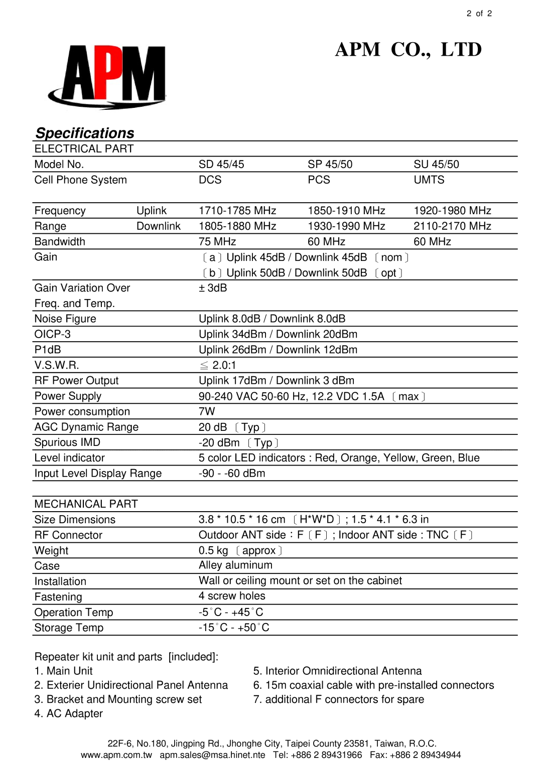 APM SP 45/50, SD 45/45, SU 45/50 manual Specifications, Electrical Part, DCS PCS Umts, OICP-3, Mechanical Part 