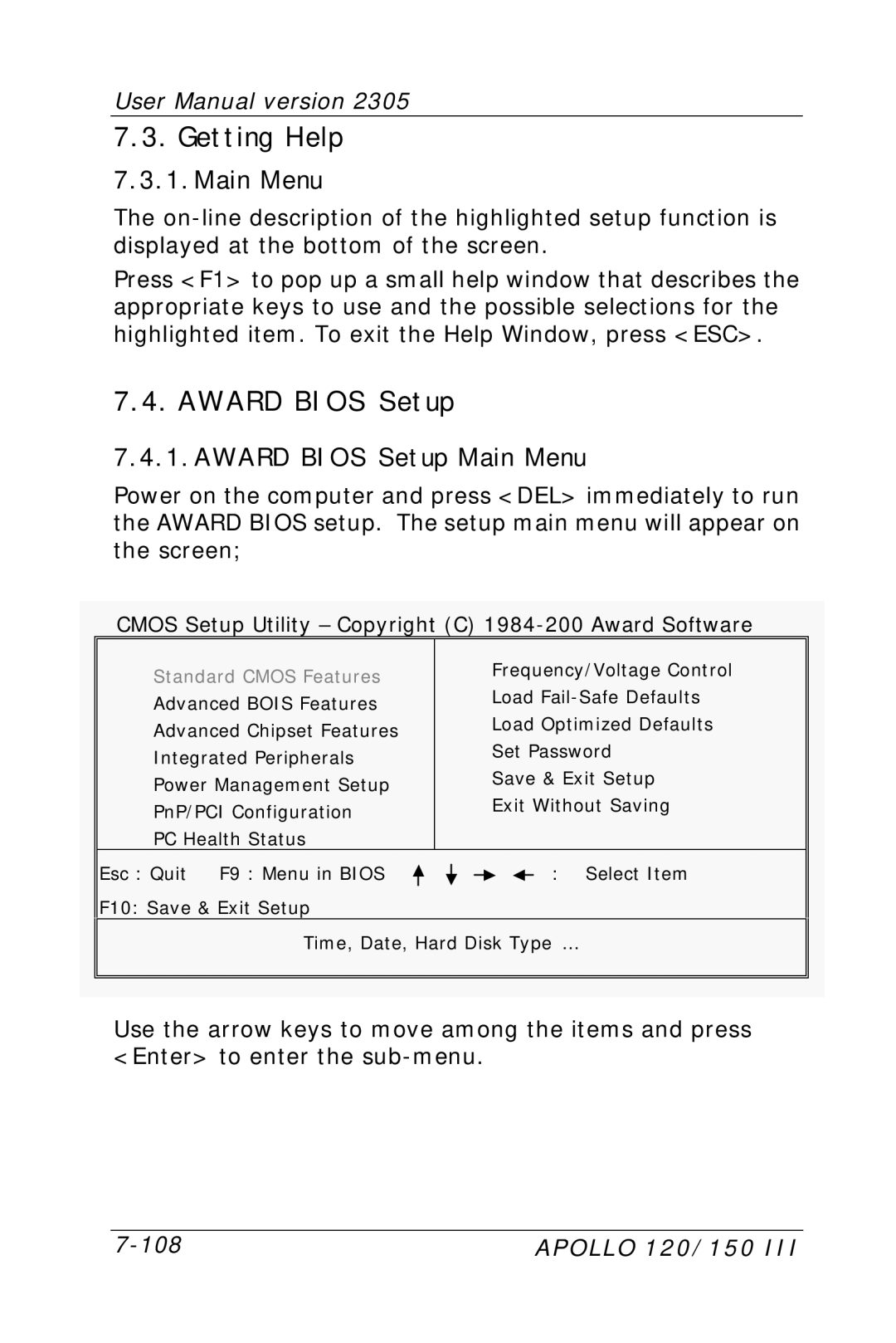 Apollo 120 III, 150 III user manual Getting Help, Award Bios Setup Main Menu 