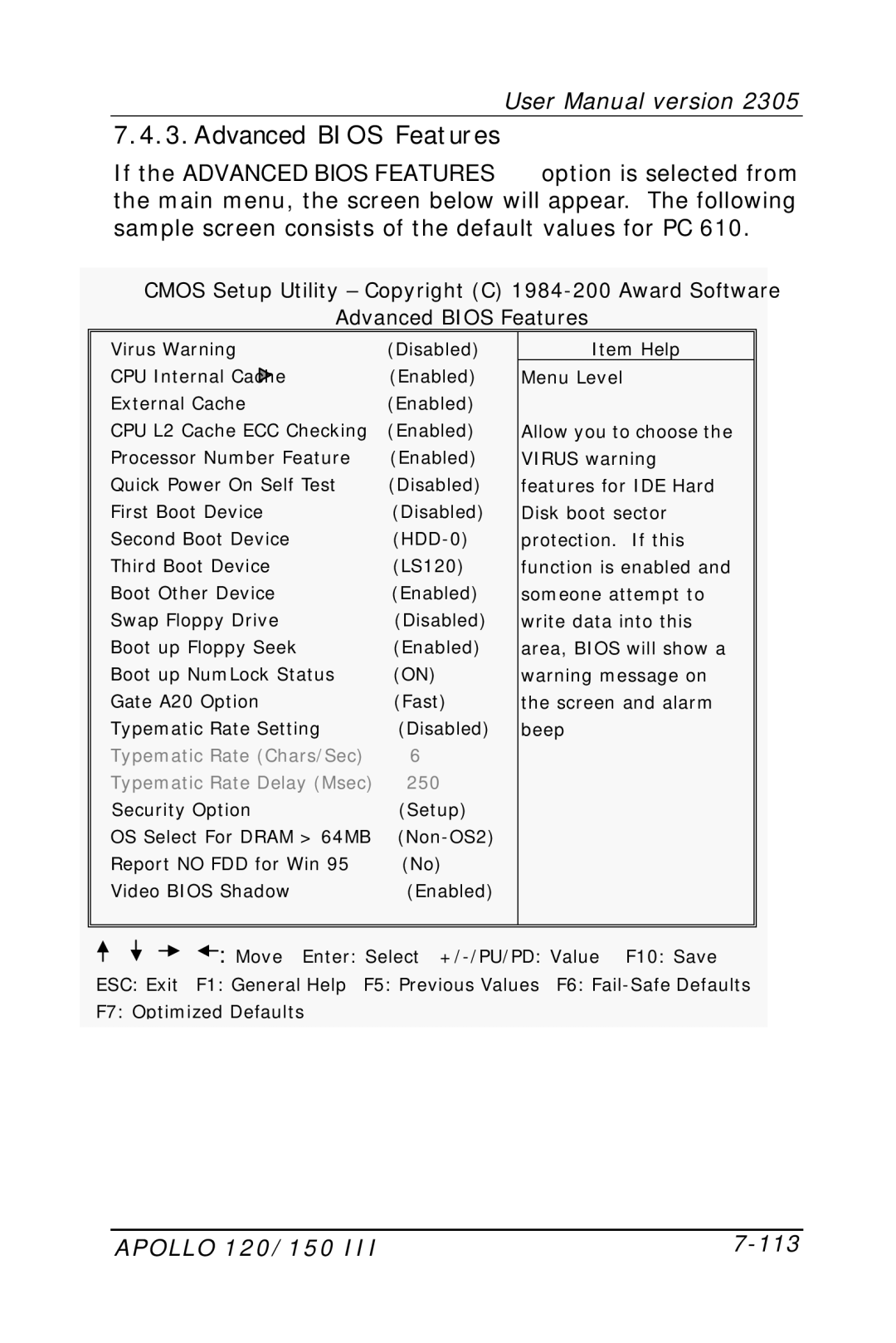 Apollo 150 III, 120 III user manual Advanced Bios Features, Apollo 120/150 113 