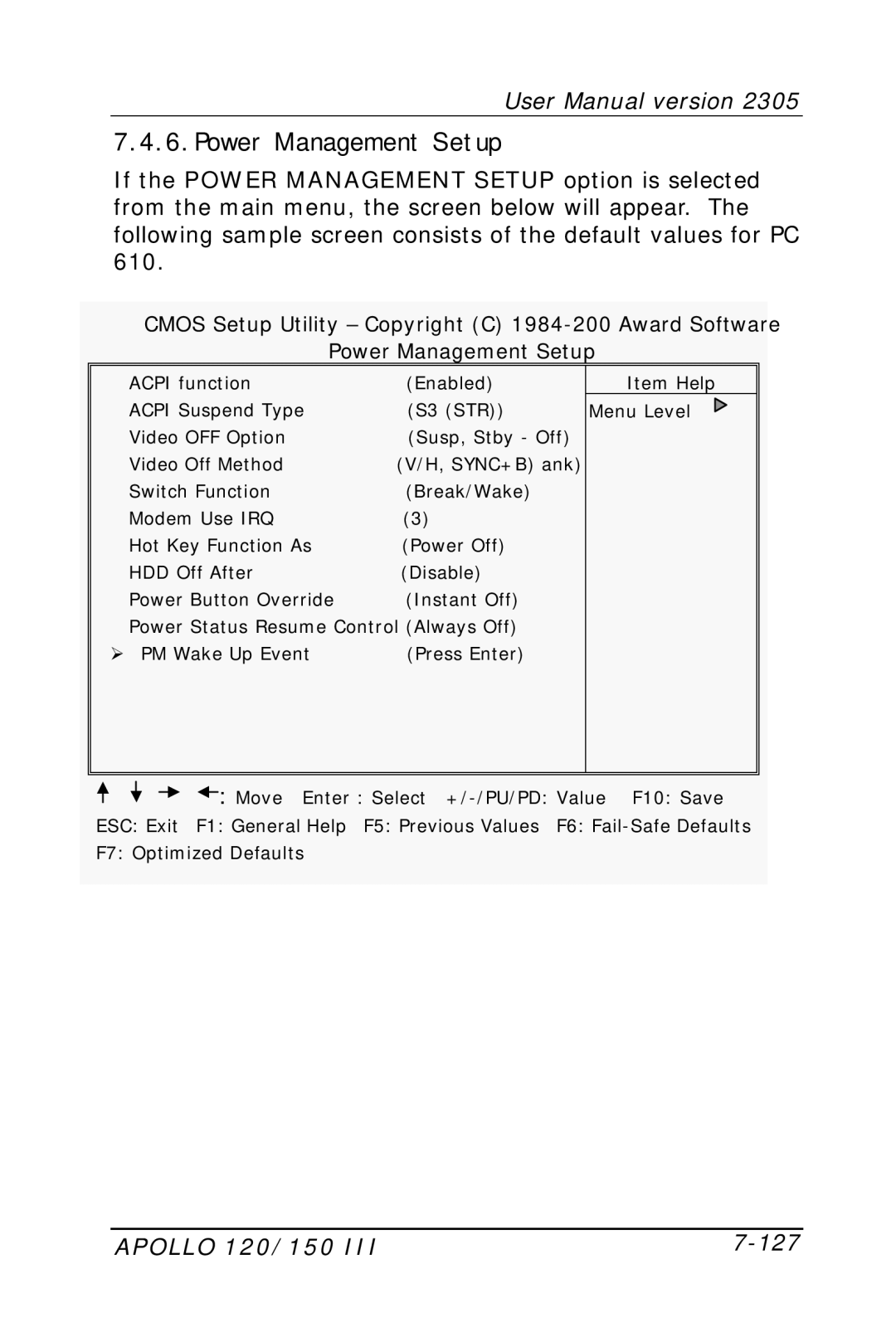 Apollo 150 III, 120 III user manual Power Management Setup, Apollo 120/150 127 