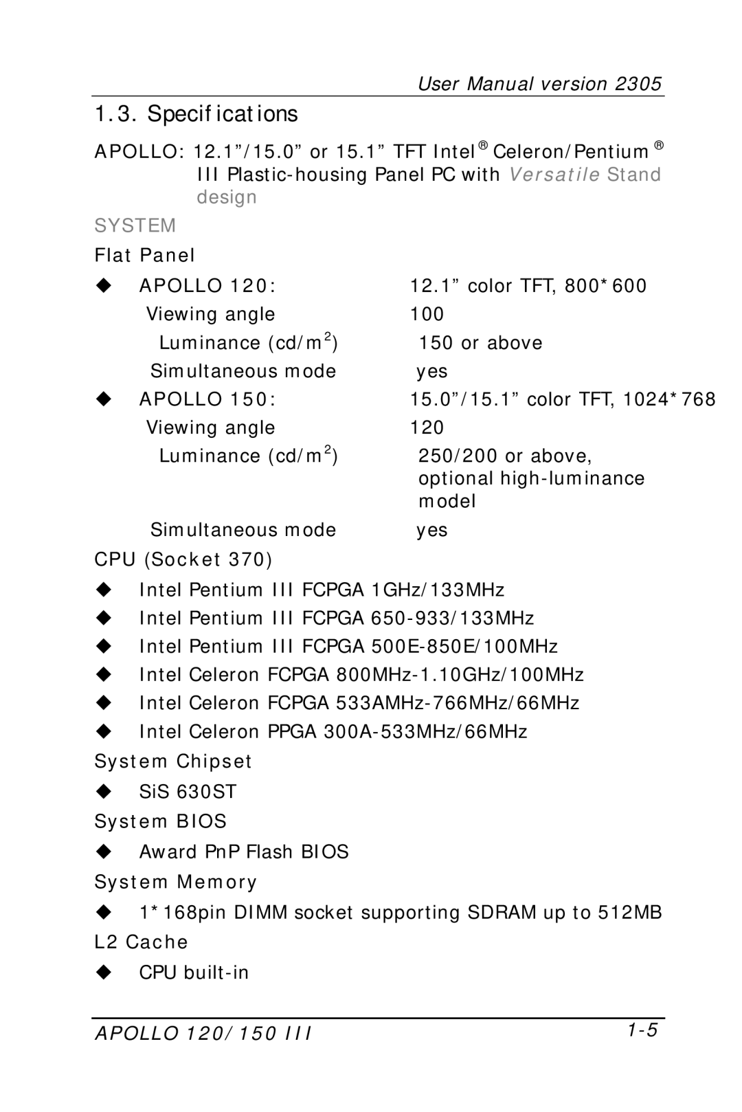 Apollo 150 III, 120 III user manual Specifications, Apollo 