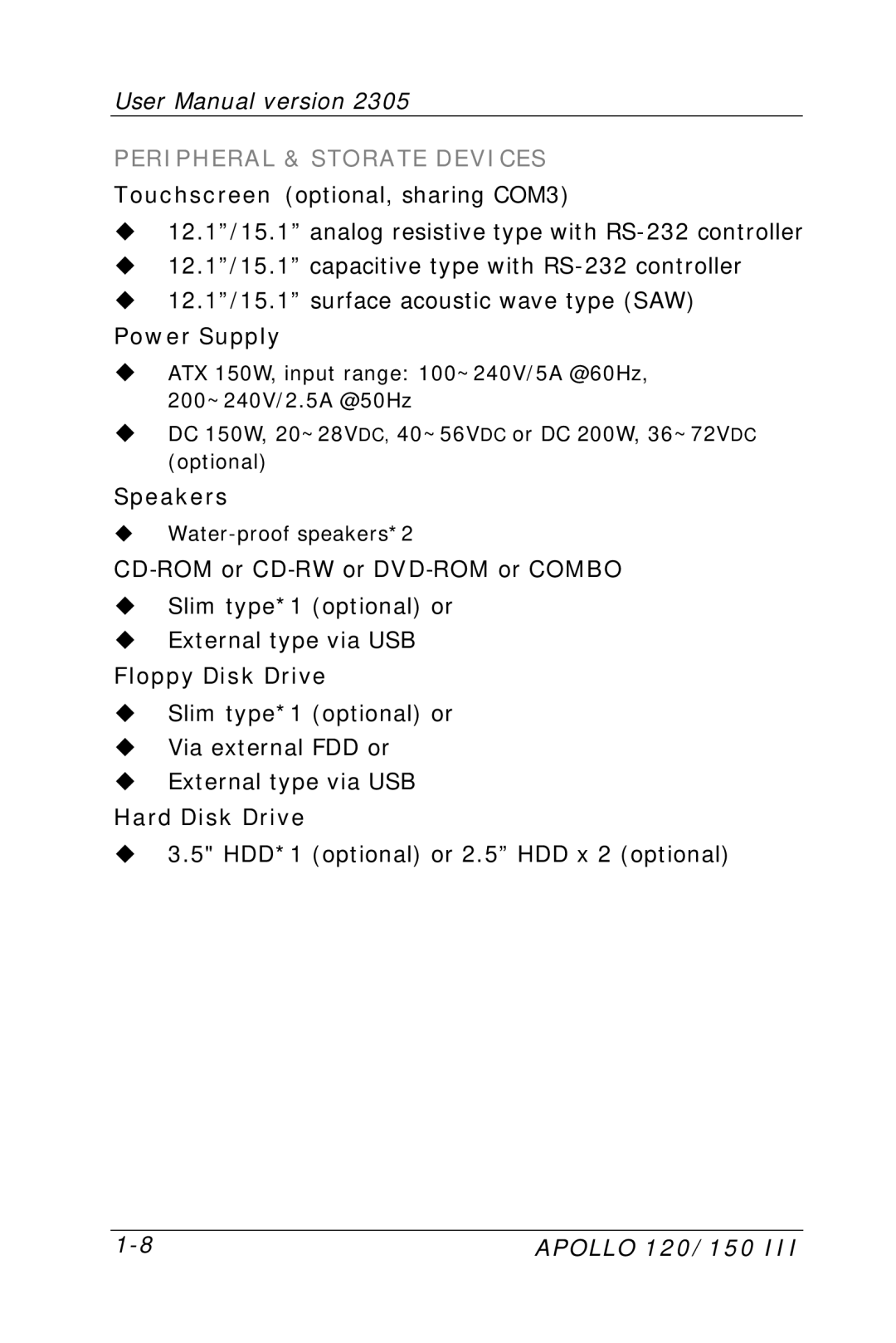 Apollo 120 III, 150 III user manual Peripheral & Storate Devices 