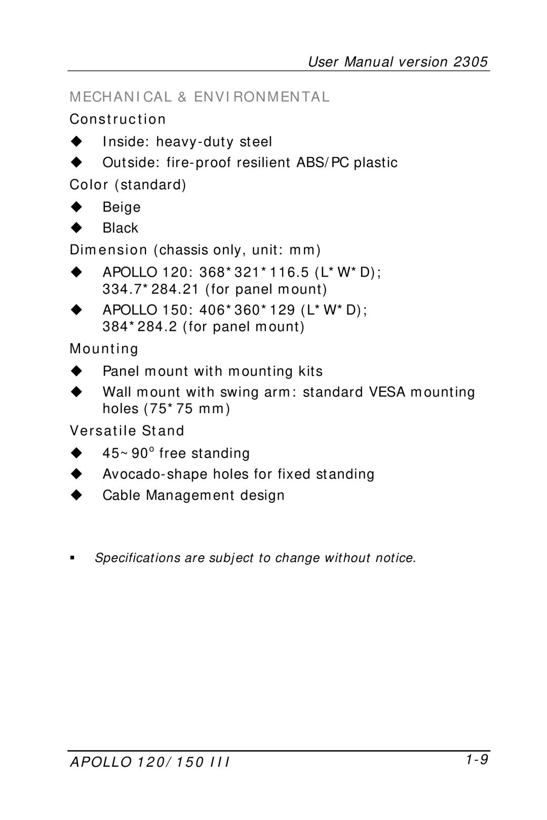 Apollo 150 III, 120 III user manual Mechanical & Environmental 