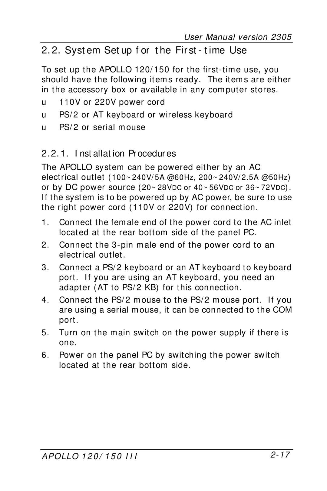 Apollo 150 III, 120 III user manual System Setup for the First-time Use, Installation Procedures 