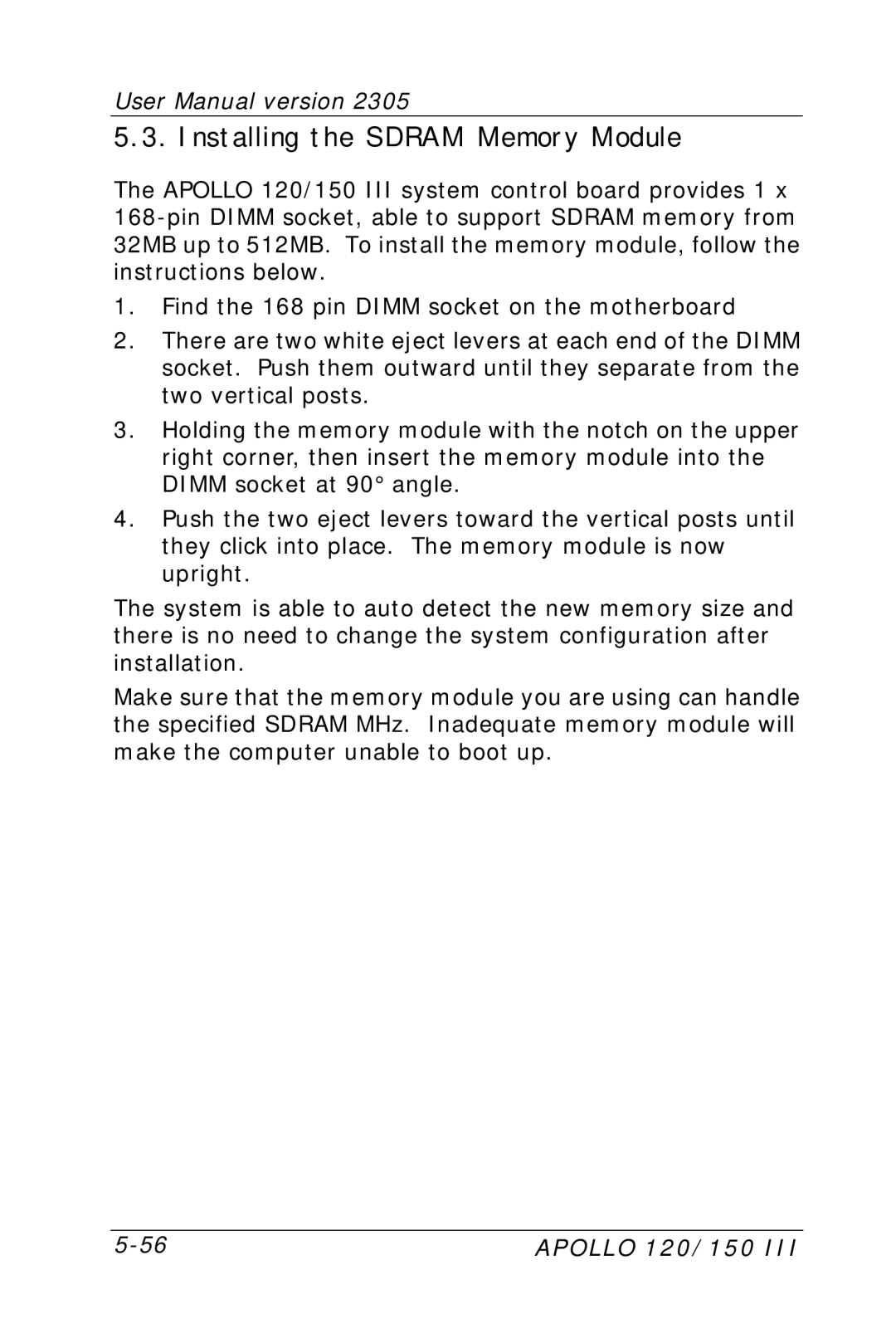 Apollo 120 III, 150 III user manual Installing the Sdram Memory Module 