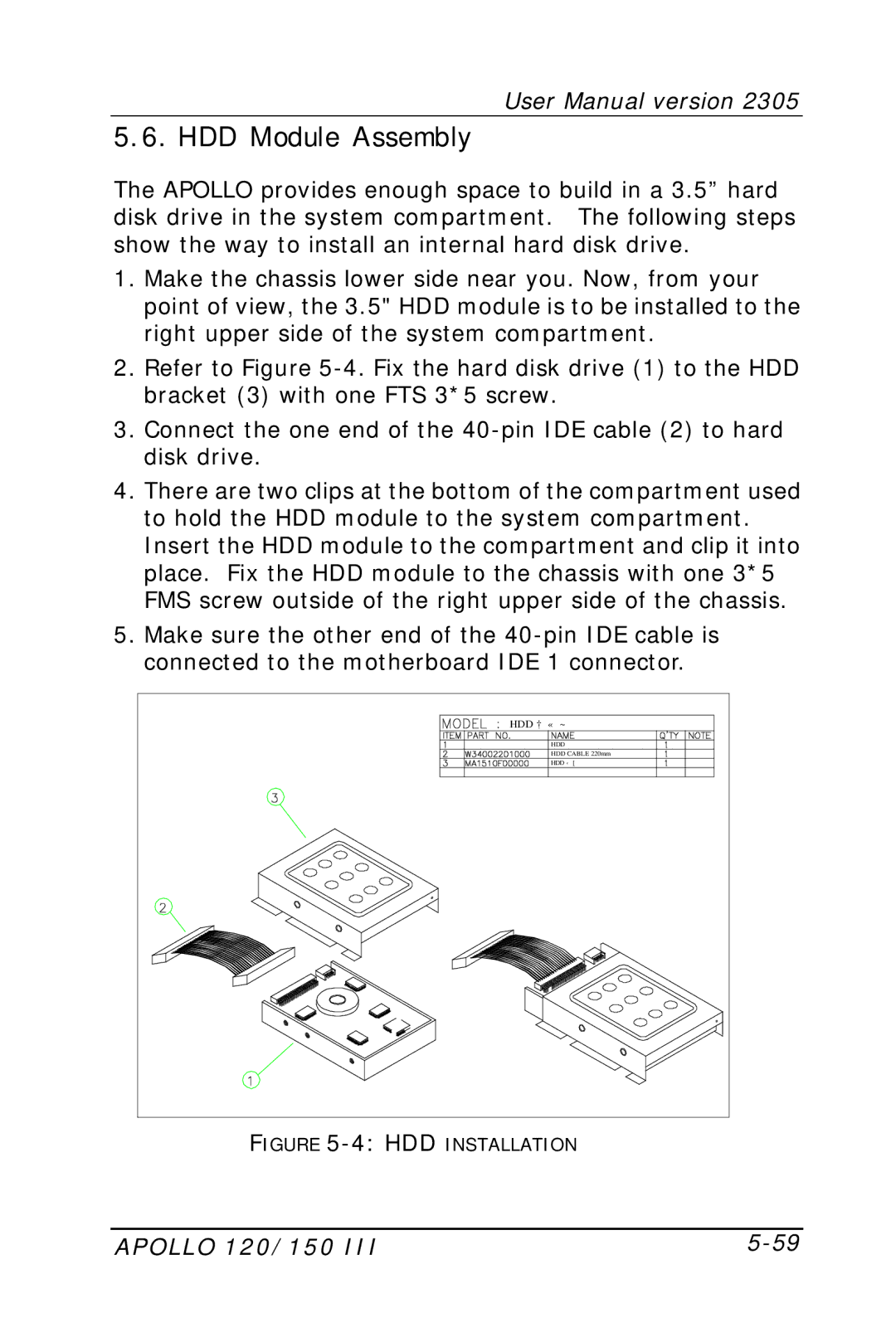 Apollo 150 III, 120 III user manual HDD Module Assembly, HDD Installation 