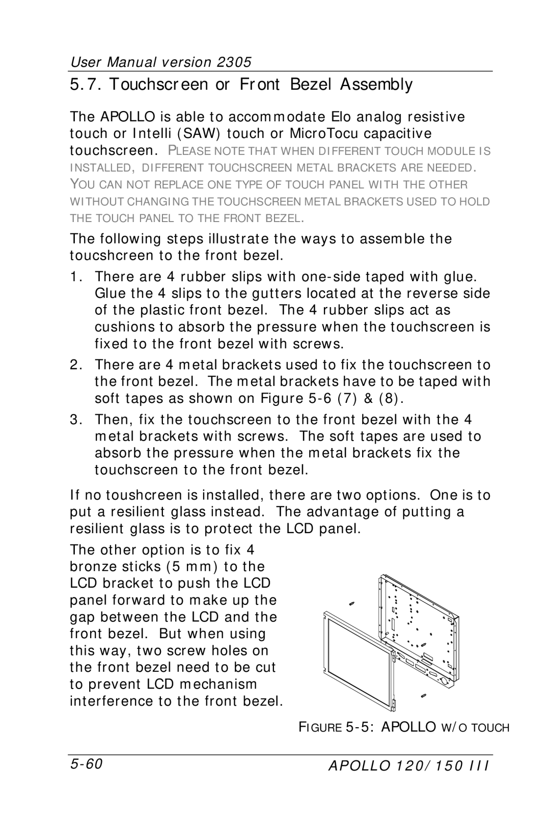 Apollo 120 III, 150 III user manual Touchscreen or Front Bezel Assembly, Apollo W/O Touch 