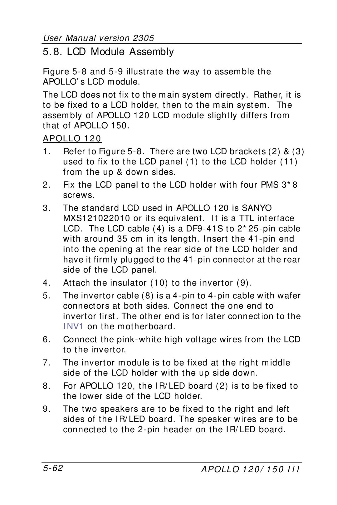 Apollo 120 III, 150 III user manual LCD Module Assembly, Apollo 