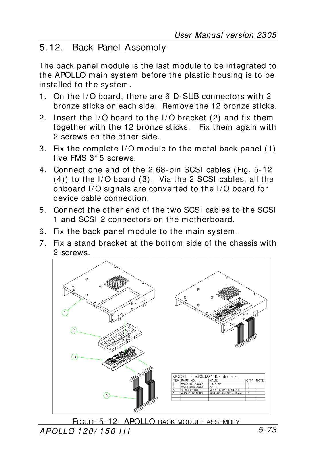 Apollo 150 III, 120 III user manual Back Panel Assembly, Apollo Back Module Assembly 