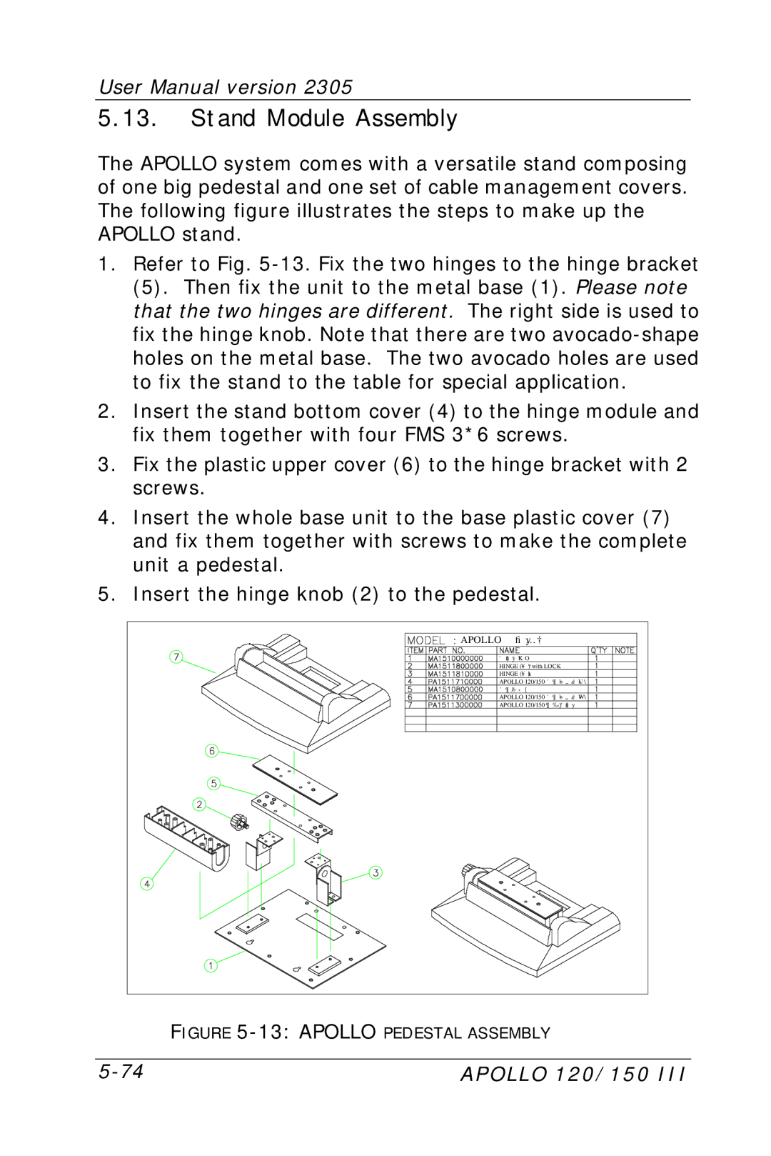 Apollo 120 III, 150 III user manual Stand Module Assembly, Apollo Pedestal Assembly 