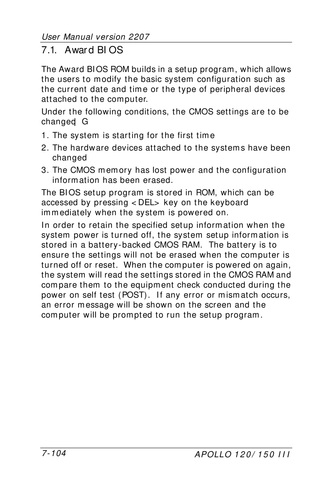 Apollo 150, 120 user manual Award Bios 