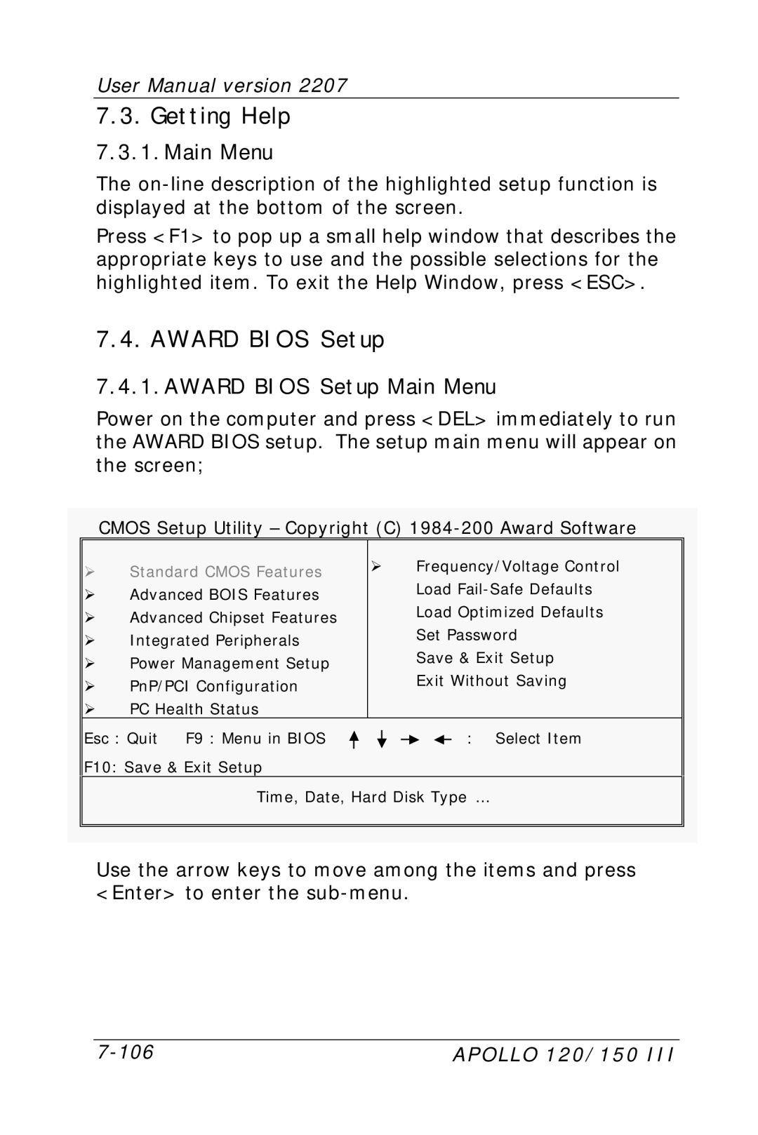 Apollo 150, 120 user manual Getting Help, Award Bios Setup Main Menu 