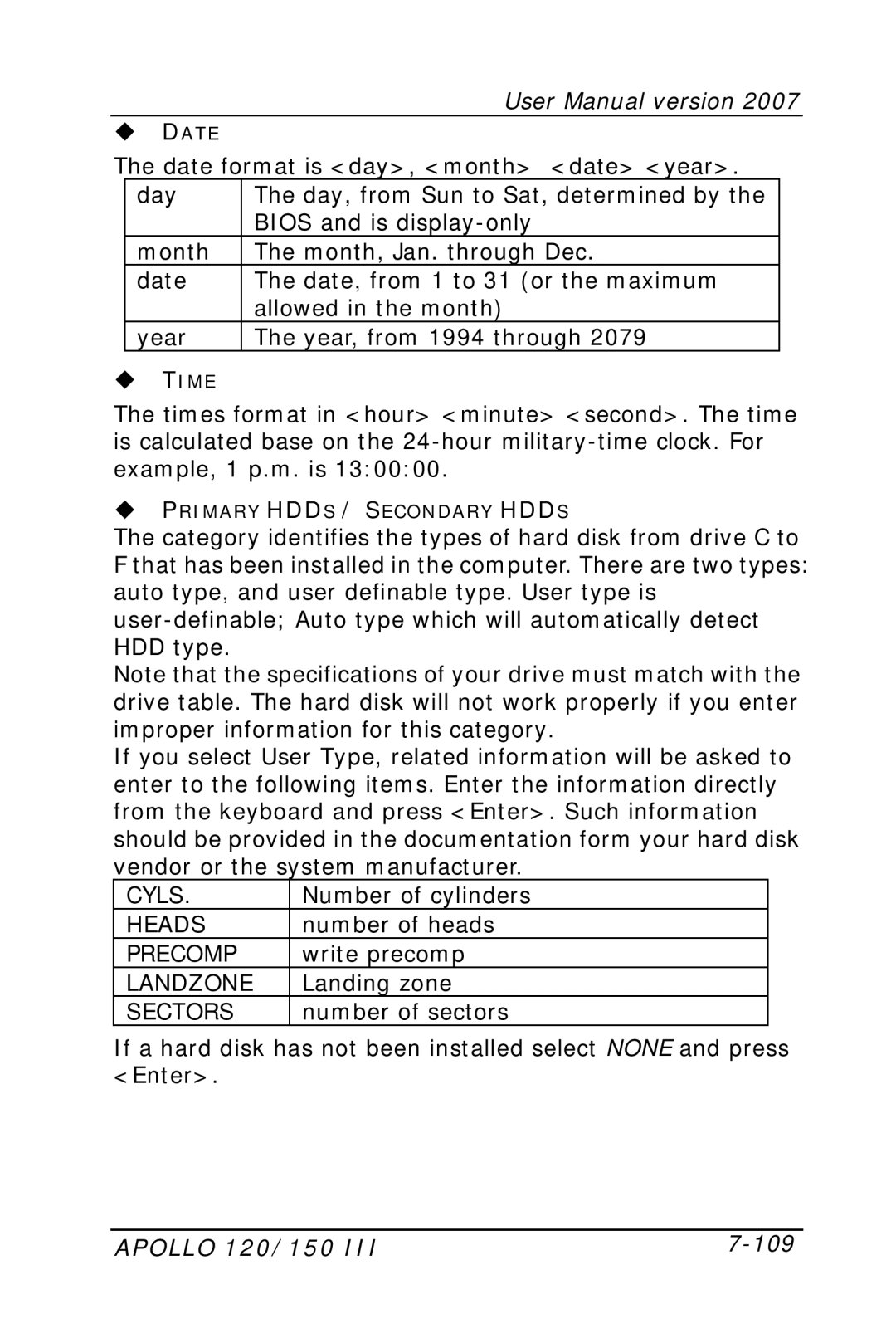 Apollo user manual Apollo 120/150 109 