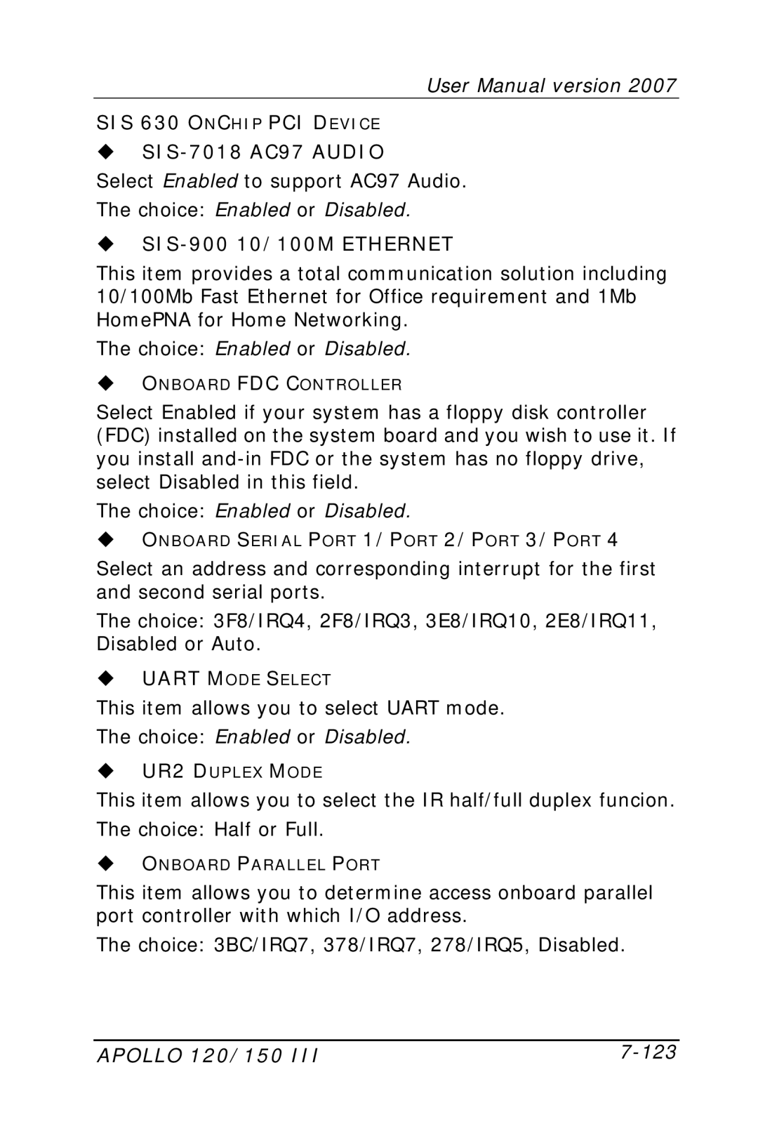 Apollo user manual SIS-7018 AC97 Audio, SIS-900 10/100M Ethernet, Apollo 120/150 123 