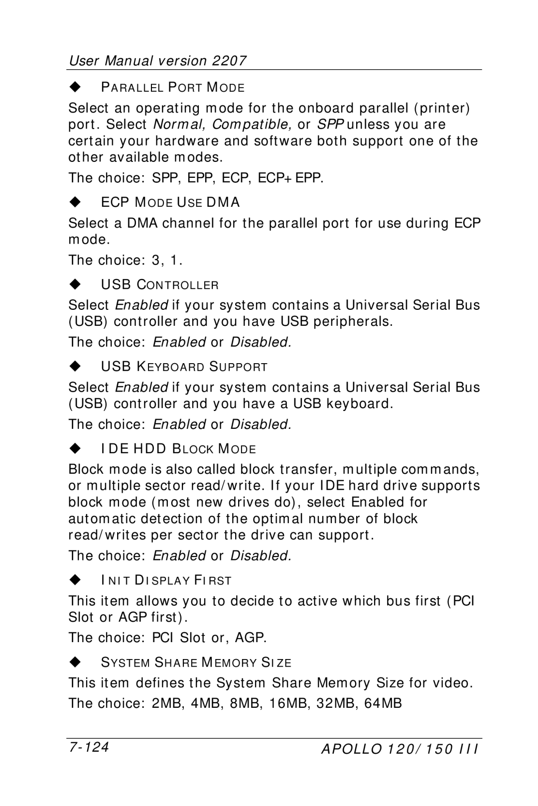 Apollo 150, 120 user manual ECP Mode USE DMA, IDE HDD Block Mode 