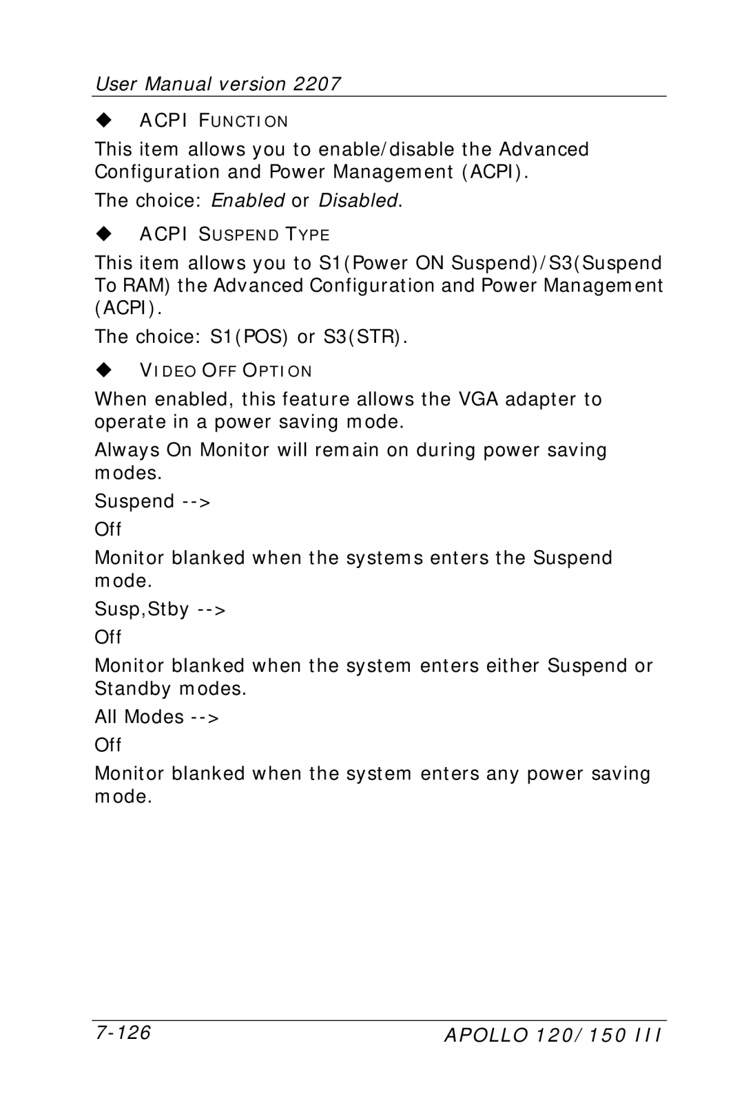 Apollo 150, 120 user manual 126 