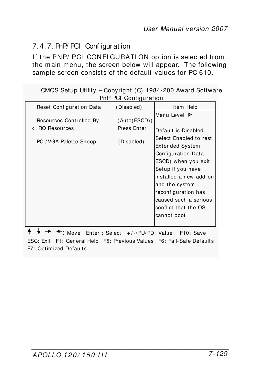 Apollo user manual 7.PnP/PCI Configuration, Apollo 120/150 129 