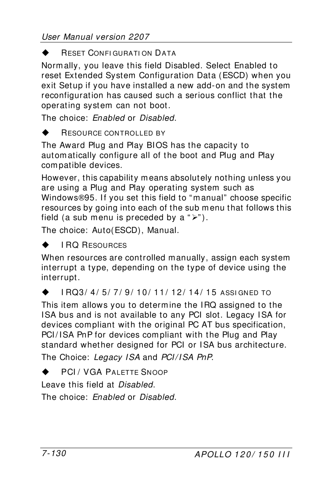 Apollo 150, 120 user manual IRQ3/4/5/7/9/10/11/12/14/15 Assigned to 