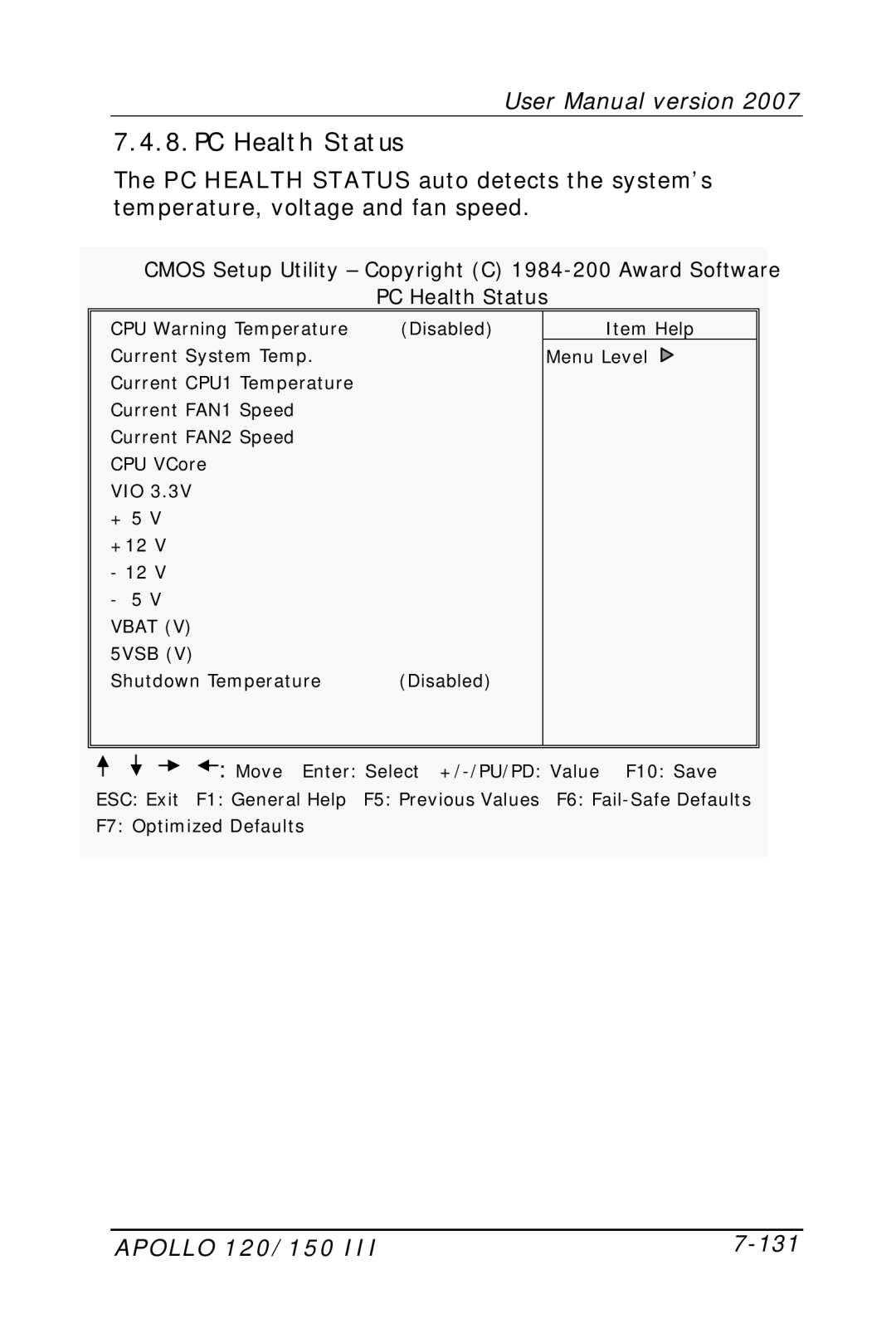 Apollo user manual PC Health Status, Apollo 120/150 131 