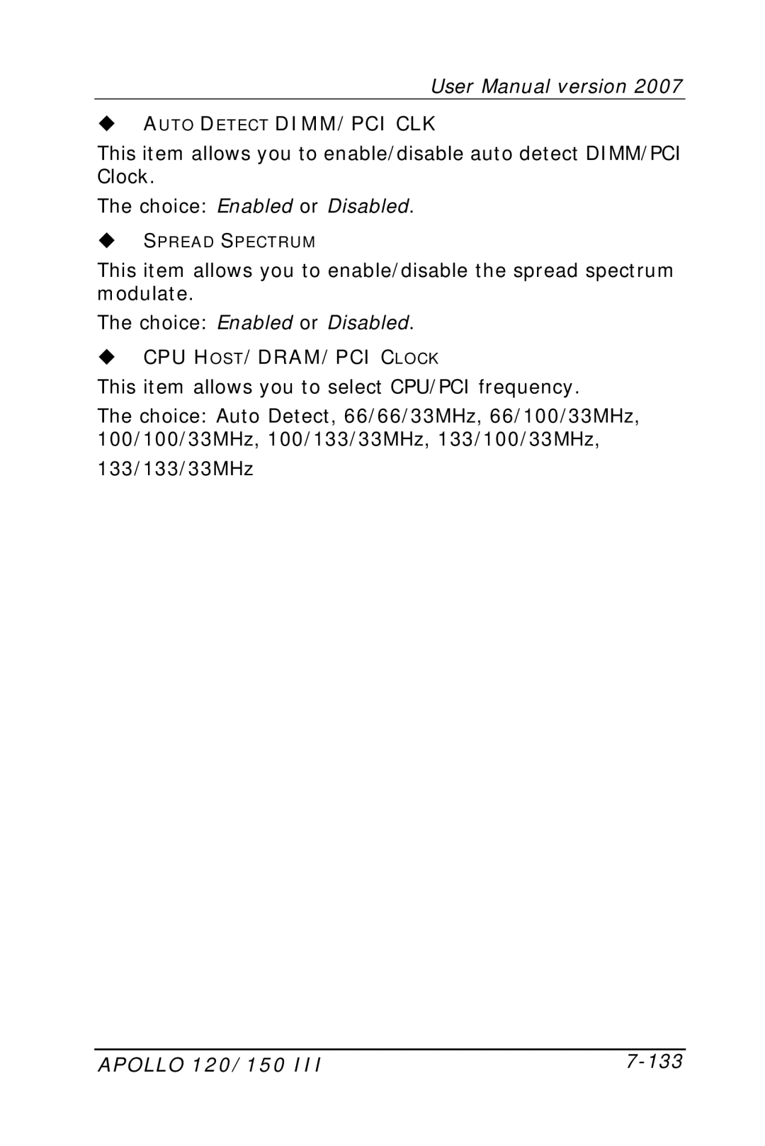 Apollo user manual Auto Detect DIMM/PCI CLK, CPU HOST/DRAM/PCI Clock, Apollo 120/150 133 