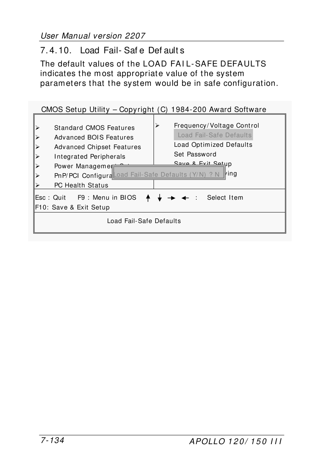 Apollo 150, 120 user manual Load Fail-Safe Defaults 