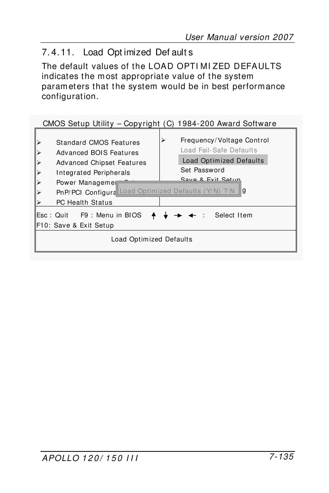 Apollo user manual Load Optimized Defaults, Apollo 120/150 135 