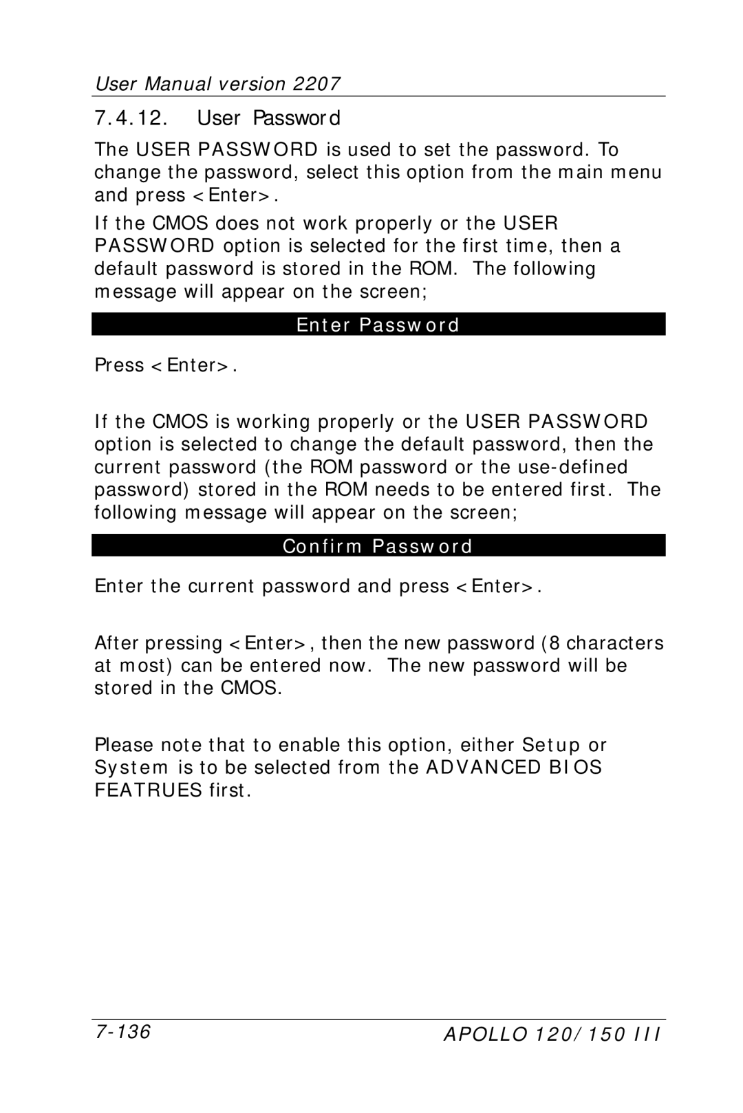 Apollo 150, 120 user manual User Password, Enter Password 