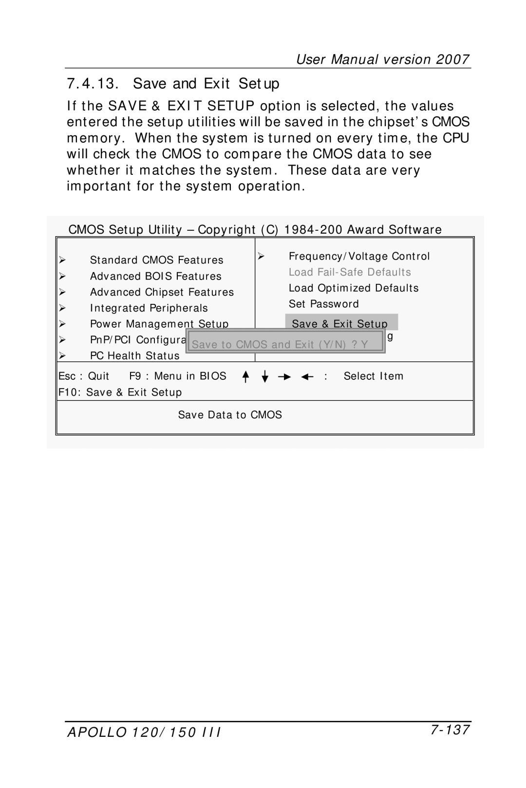 Apollo user manual Save and Exit Setup, Apollo 120/150 137 