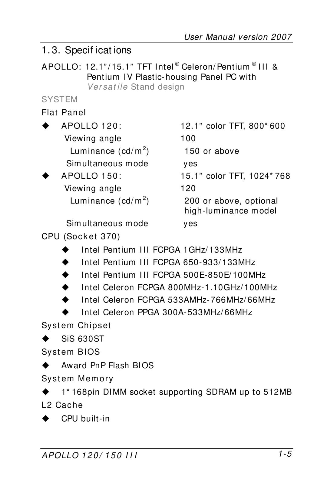 Apollo 120, 150 user manual Specifications, System 