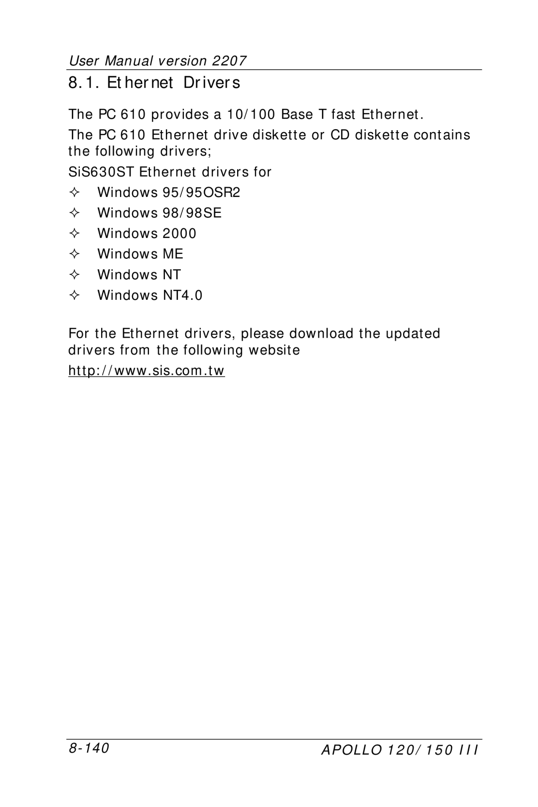 Apollo 150, 120 user manual Ethernet Drivers 