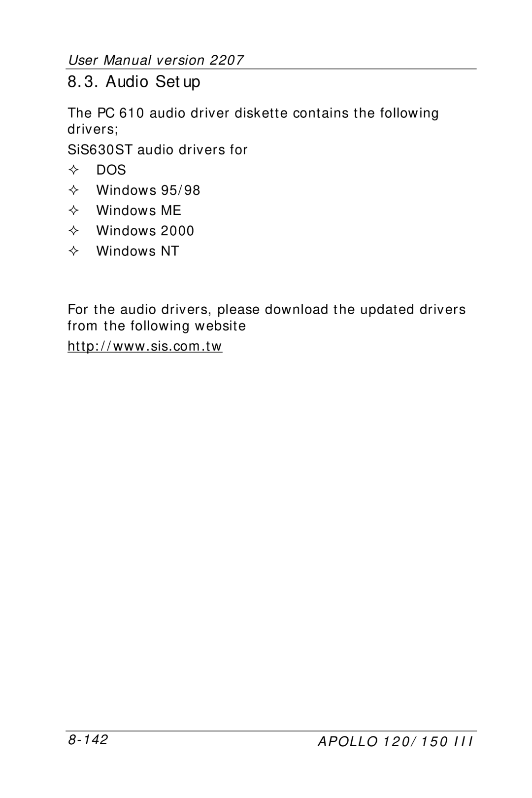 Apollo 150, 120 user manual Audio Setup, ² DOS 