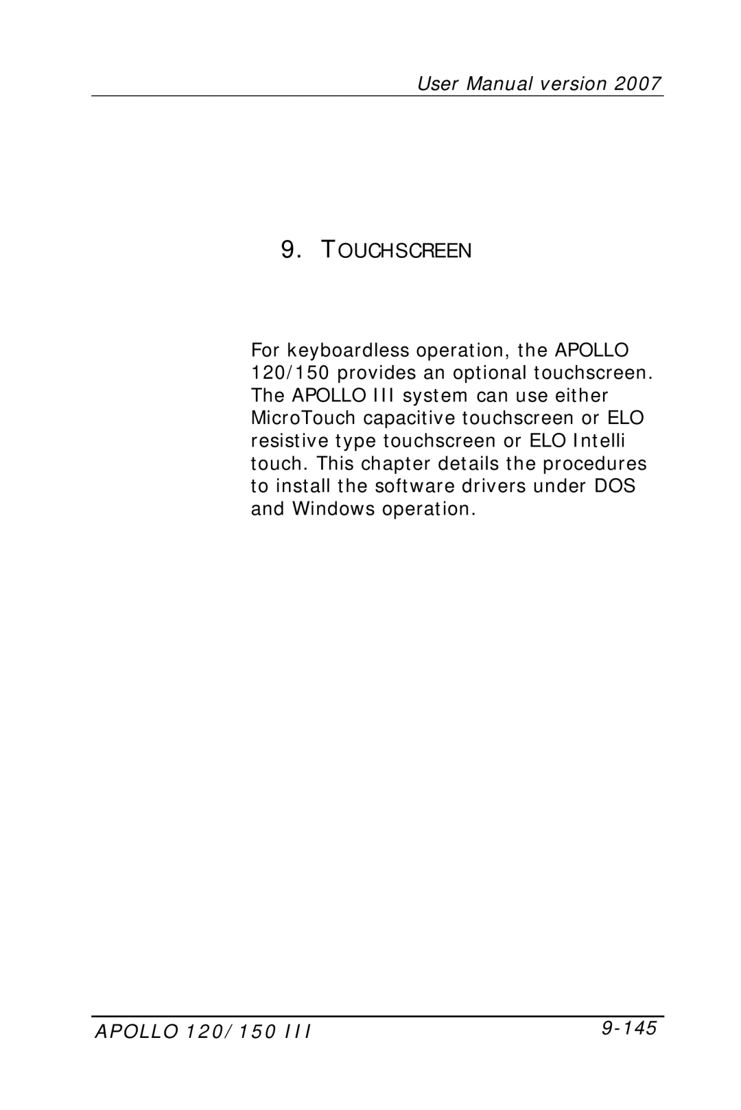 Apollo user manual Touchscreen, Apollo 120/150 145 