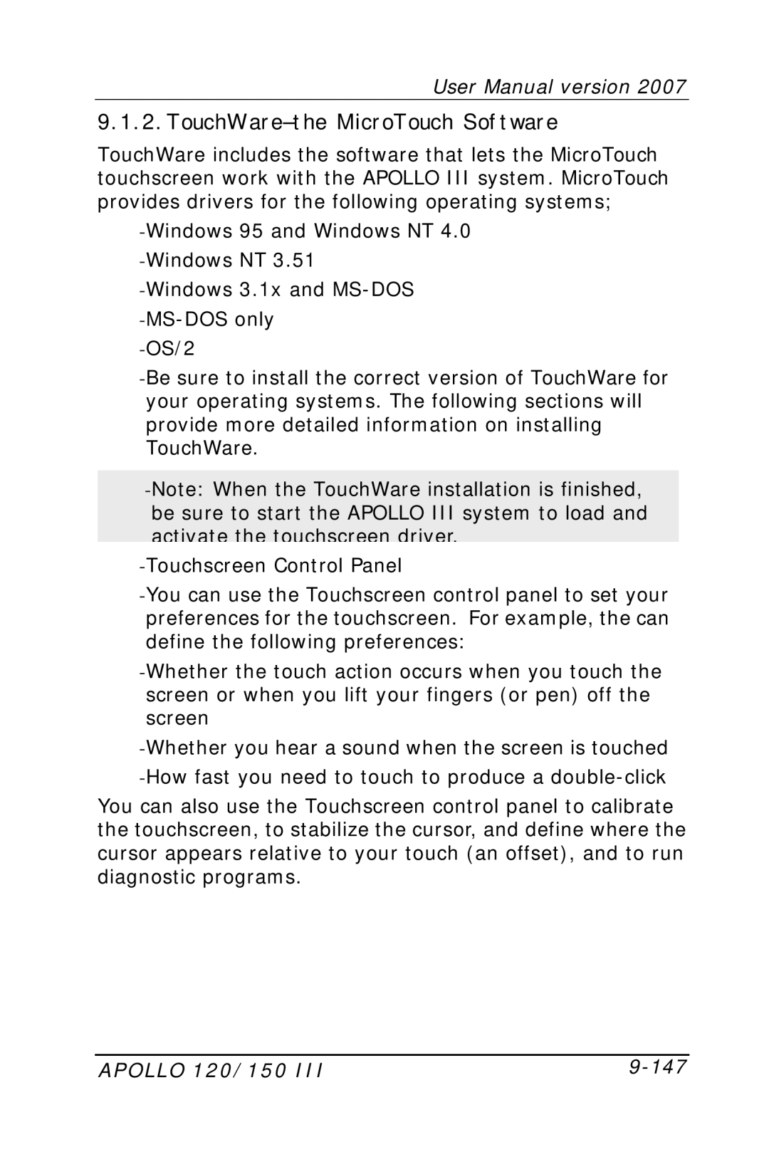 Apollo user manual TouchWare-the MicroTouch Software, Apollo 120/150 147 