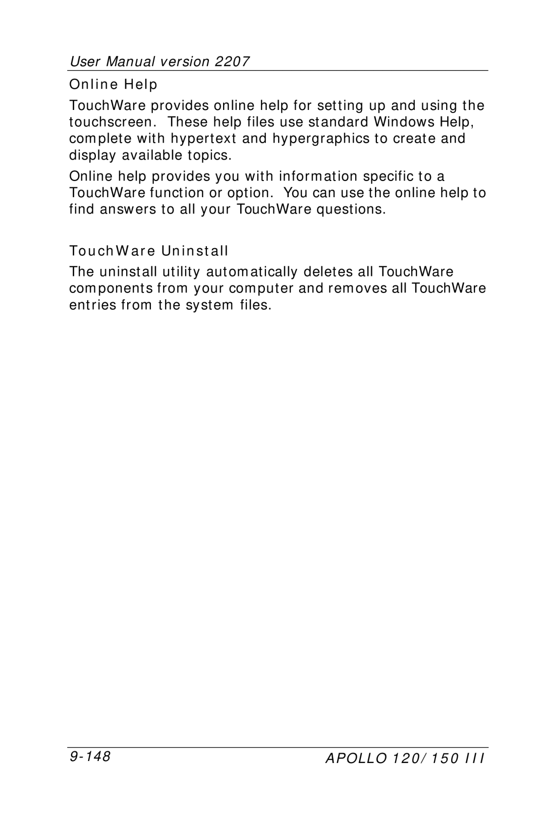 Apollo 150, 120 user manual Online Help, TouchWare Uninstall 