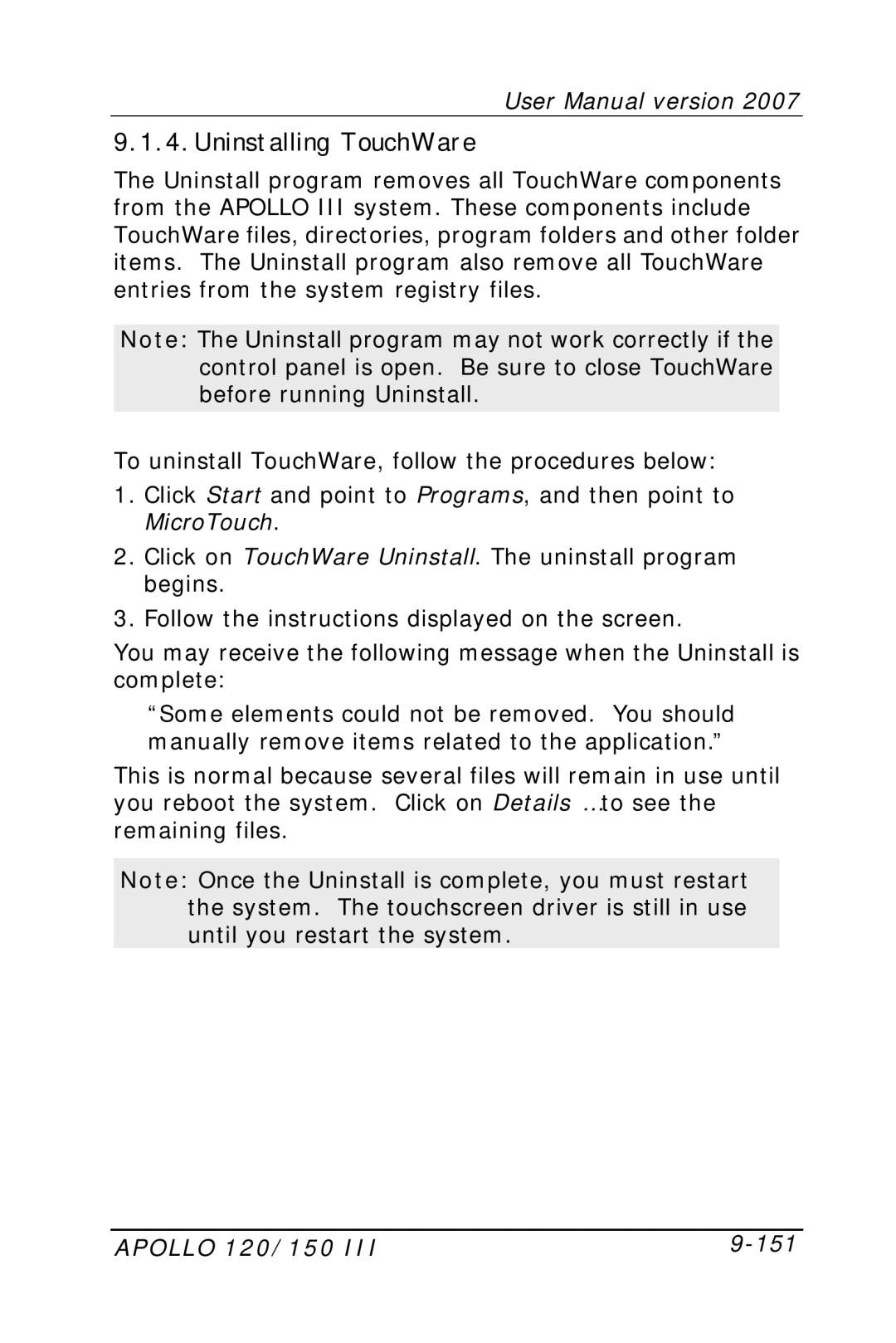 Apollo user manual Uninstalling TouchWare, Apollo 120/150 151 