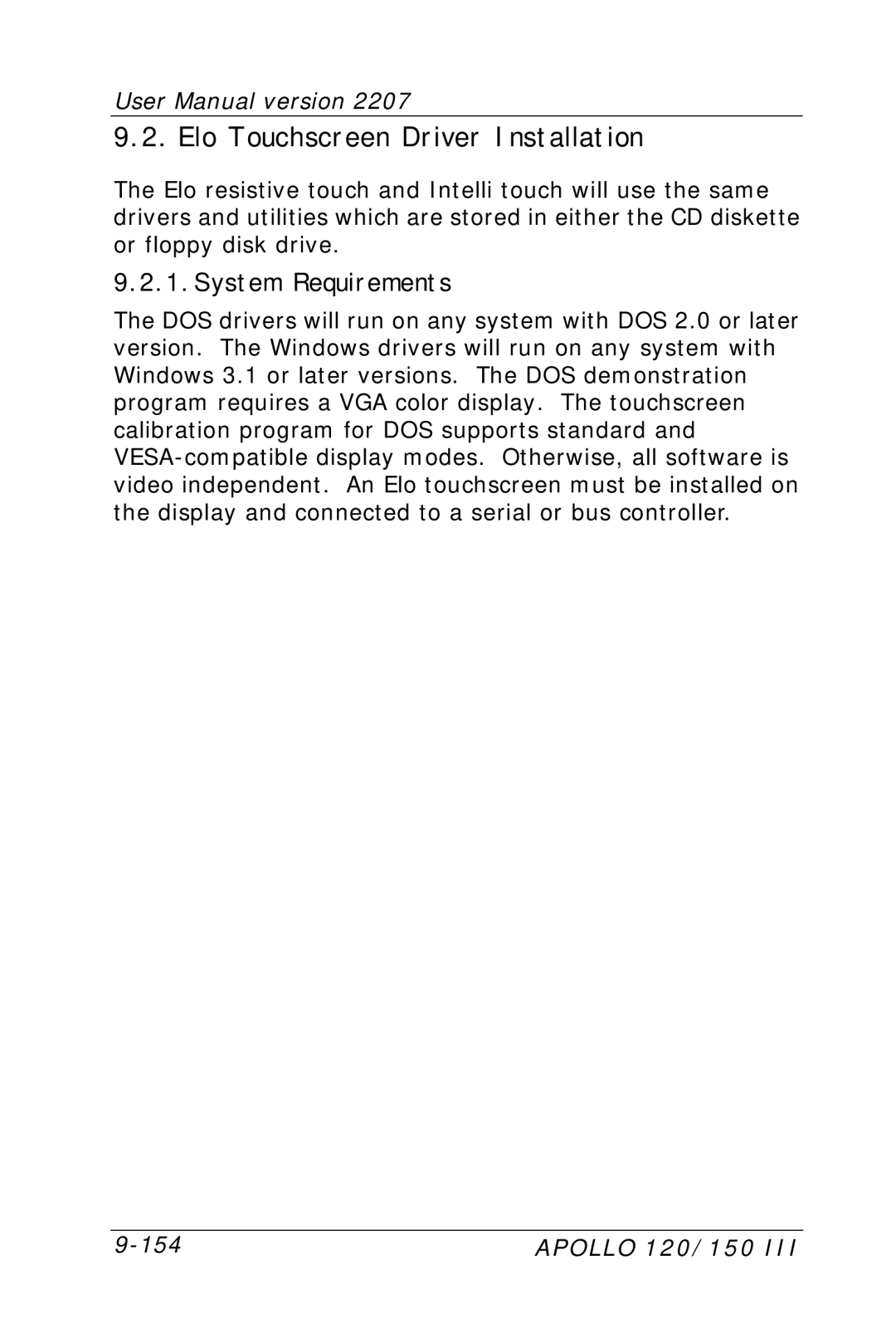 Apollo 150, 120 user manual Elo Touchscreen Driver Installation, System Requirements 