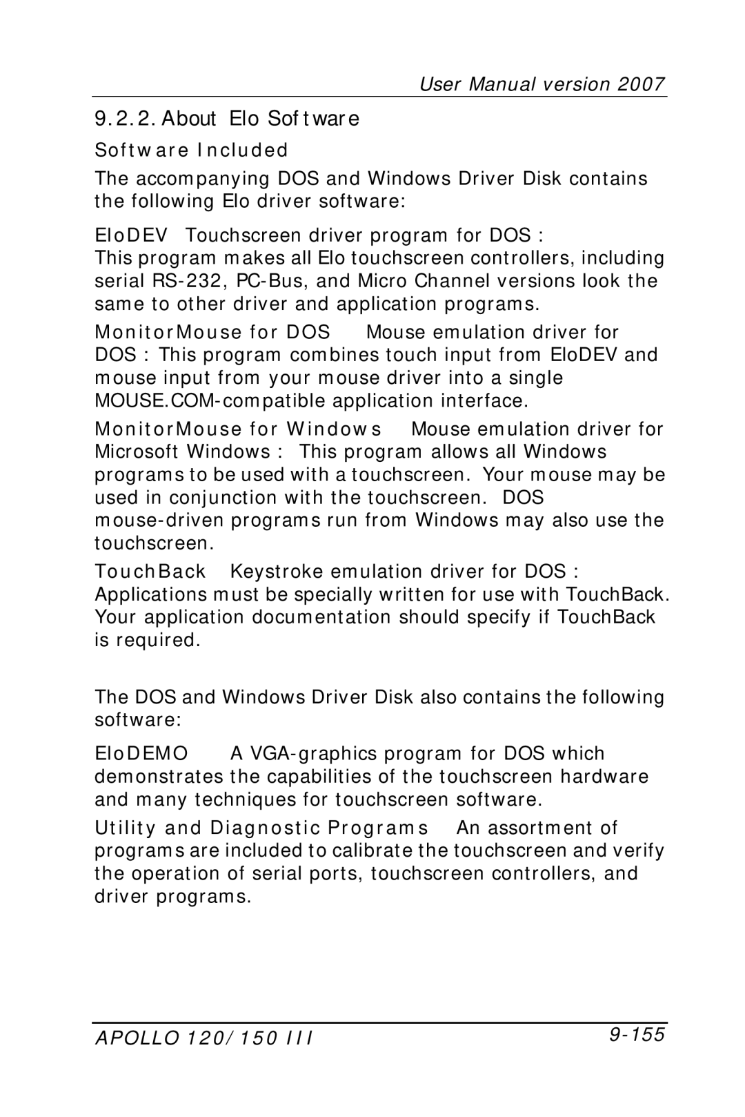 Apollo user manual About Elo Software, Software Included, Apollo 120/150 155 