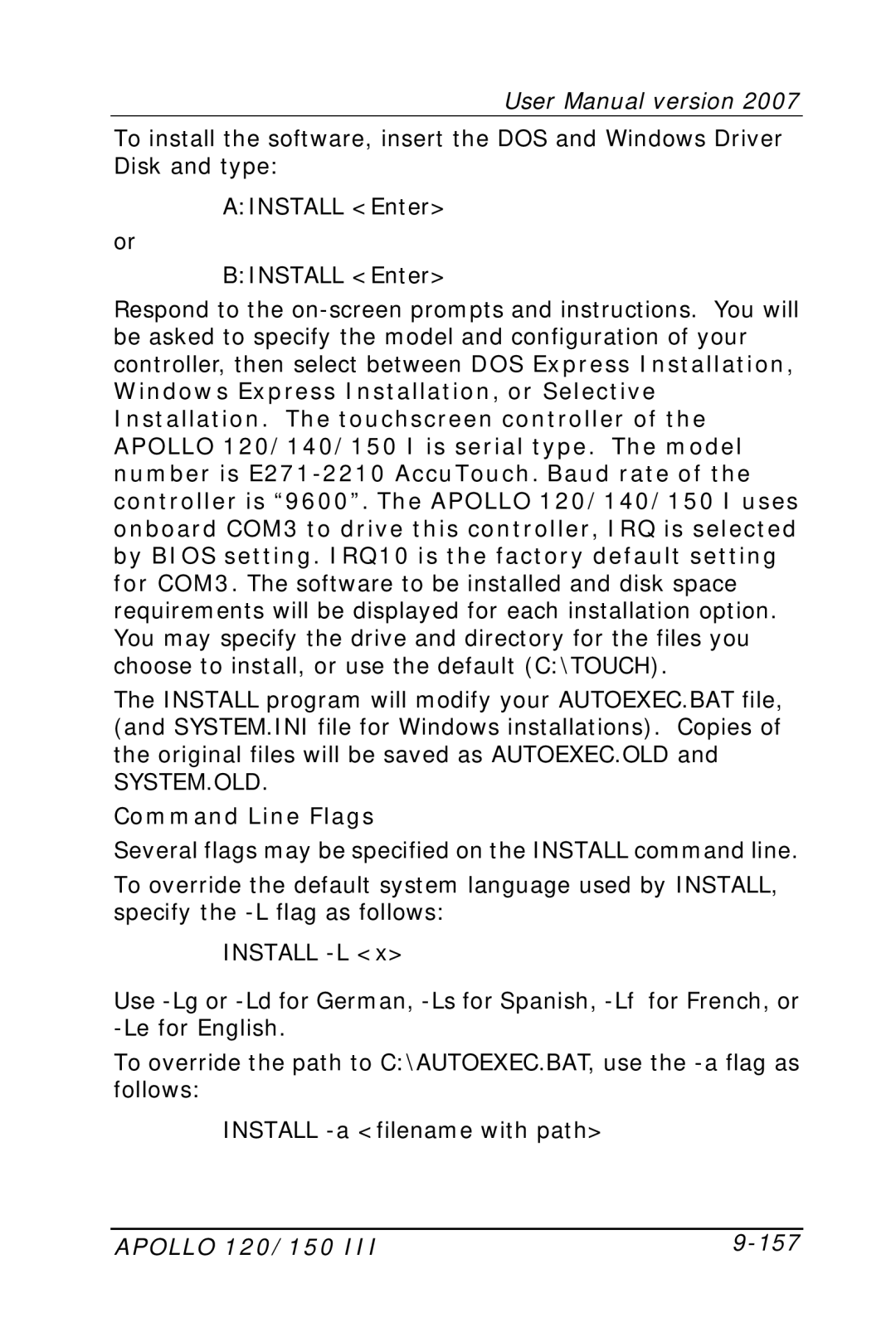 Apollo user manual Command Line Flags, Apollo 120/150 157 