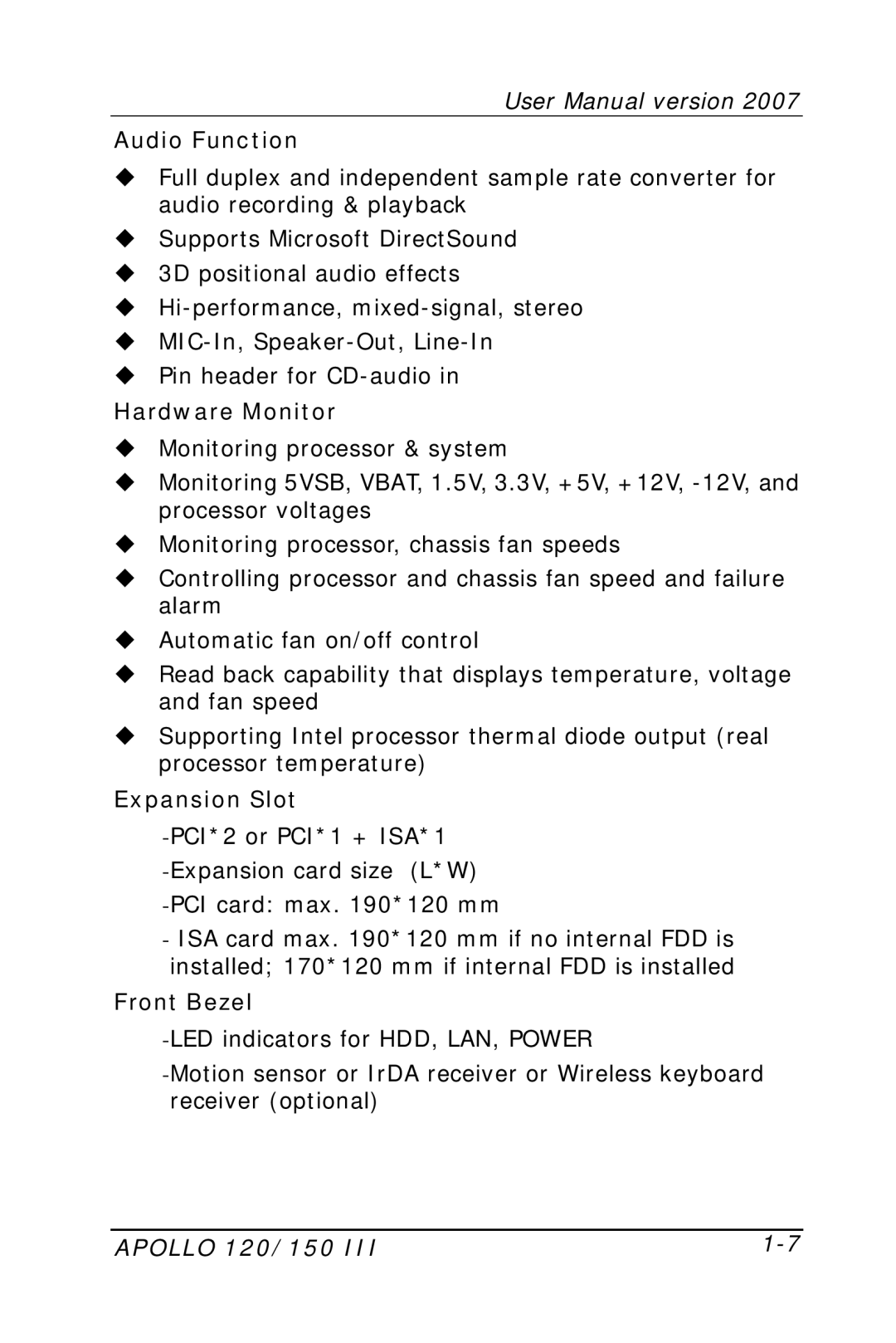 Apollo 120, 150 user manual Audio Function 